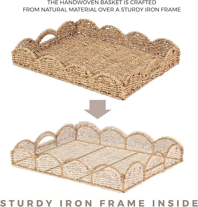 Scalloped Seagrass Tray, Hand-Woven Wicker Storage Baskets with Scalloped Edge and Handles (17x13x3in) Rectangular Handwoven Trays, Seagrass Basket for with Built-in Handles (Dark Brown)
