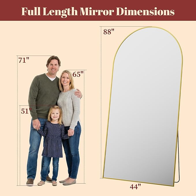 Suidia 88"x44" Arched Full Length Mirror with Stand, Full Body Mirror with Aluminum Frame, Freestanding/Leaning/Wall-Mounted, Floor Mirrors for Bedroom, Living Room, Entryway, Dressing Room, Gold
