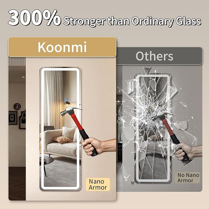 Koonmi Full Length Mirror with LED Lights, 65"x26" Lighted Mirror with Dimming & 3 Color Lighting, Big Mirror for Bedroom, Dressing Room, Rectangle,White