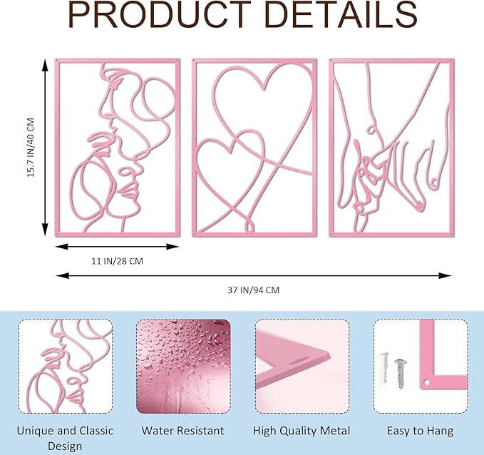 ESTART 3 Pieces Metal Minimalist Line Wall Art, Valentine's Day Lover Kiss Hand Metal Wall Decor, Aesthetic Modern Home Hanging Wall Art Decor for Bedroom Living Room (Pink)