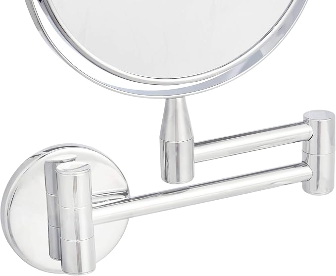 Amazon Basics Wall Mount Round Vanity Mirror with 360° Rotation, Double Sided, 1X/5X Magnification, Adjustable, 12.8"L x 10"W, Chrome