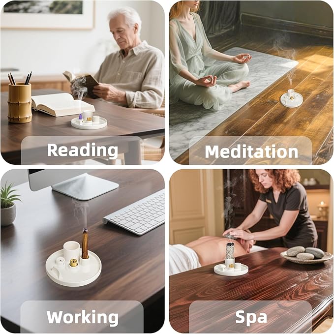 WhiteRhino Ceramic Incense Burner,6 in 1 Multifunction Incense Holder|Sage Holder for Burning|Palo Santo Holder|Candle Holder|Incense Cone Holder|Moon Shape Stand,Ash Catcher Tray for Meditation Yoga