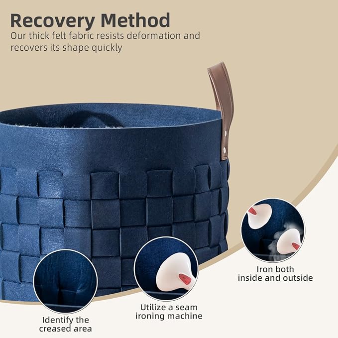 BOLDMONKEY Blankets Basket 15" x15 " x13 " 2 Pack, Felt Storage Baskets for Organizing Round, Living Room Dog Toy Bin for Dirty Clothes, Pillows, Towel-Navy Blue