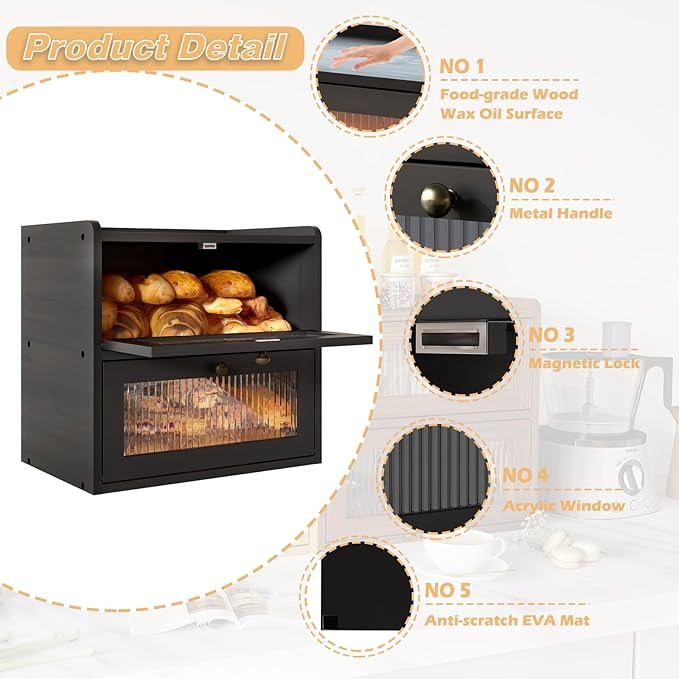 Alpeir Double Layer Large Bread Box for Kitchen Counter, Wooden Corner Bread Storage Container with Acrylic Window, Black
