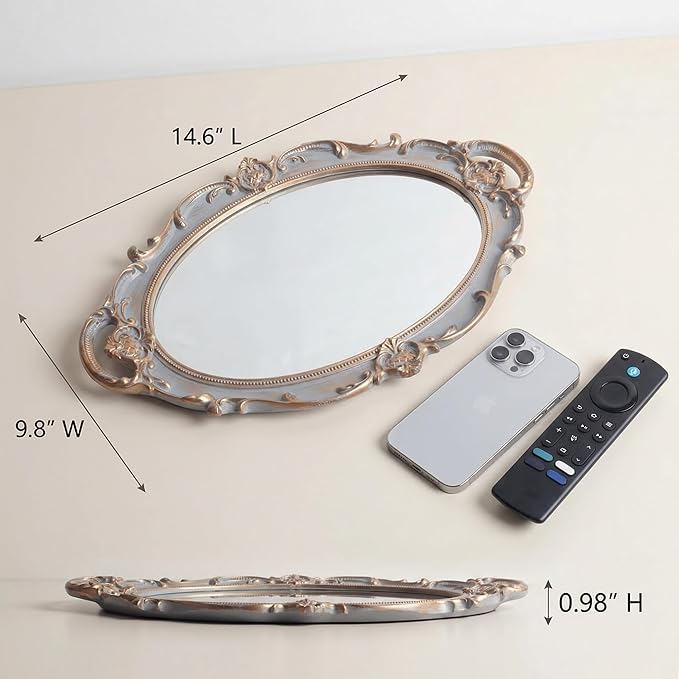 Oval Vintage Decorative Mirror Tray, 14.6'' x 9.8'' Jewelry Dresser Organizer Tray, Cosmetics Makeup Storage Organizer, Serving Tray - Gray