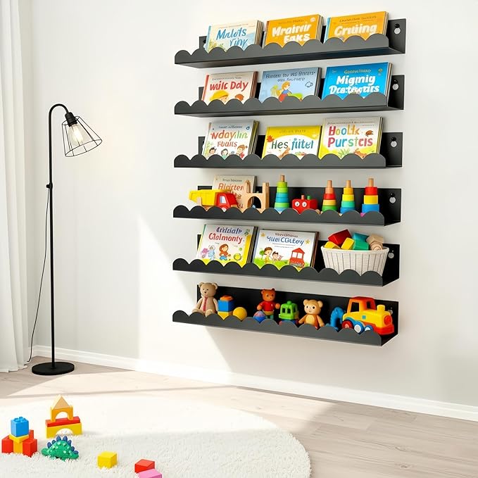 Nursery Book Shelves Set of 6, Black Metal Floating Shelves for Wall, 16 Inch Scalloped Book Shelf for Kids Room, Bathroom, Bedroom, Playroom Wall Decor & Storage