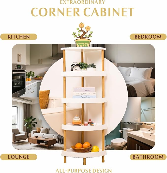Bamboo 5-Tier Corner Shelf Stand with 5-Layer Lacquer & 4 Sturdy Legs, Space-Saving Durable Corner Rack Organizer for Bathroom, Kitchen, Bedroom, Living Room, Easy Clean Display Shelf Organizer