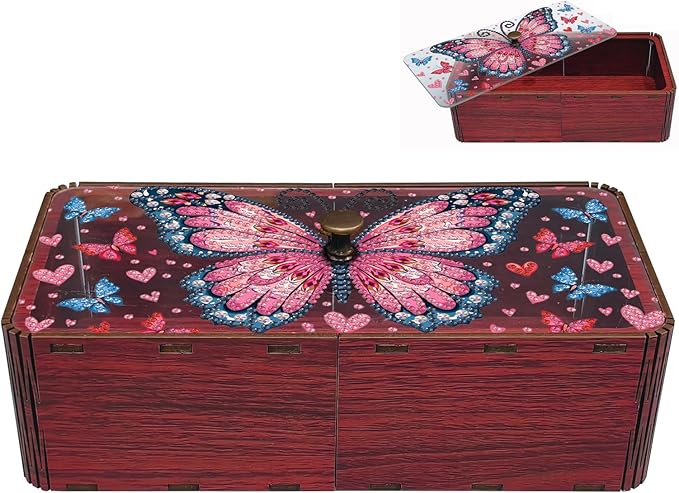 Diamond Art Painting Storage Box Kit, DIY Rectangular Wooden Decorative Container Holder with Lid, Snack Jewelry Gem Art Organizer Case for Adults (Butterfly)