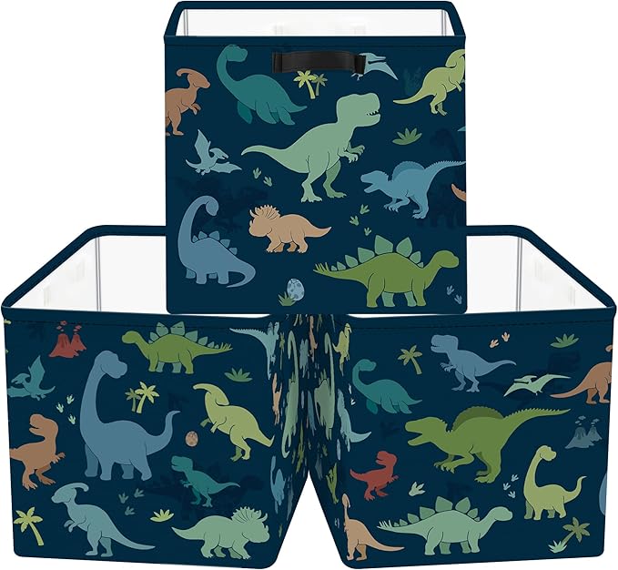 Clastyle 3 Pack 11.8'' Fabric Dinosaur Storage Basket for Shelves Collapsible Closet Organizers with Metal Frame Bottom Board Large Kid Clothes Toy Book Cube Bin for Playroom Bedroom,Watercolor