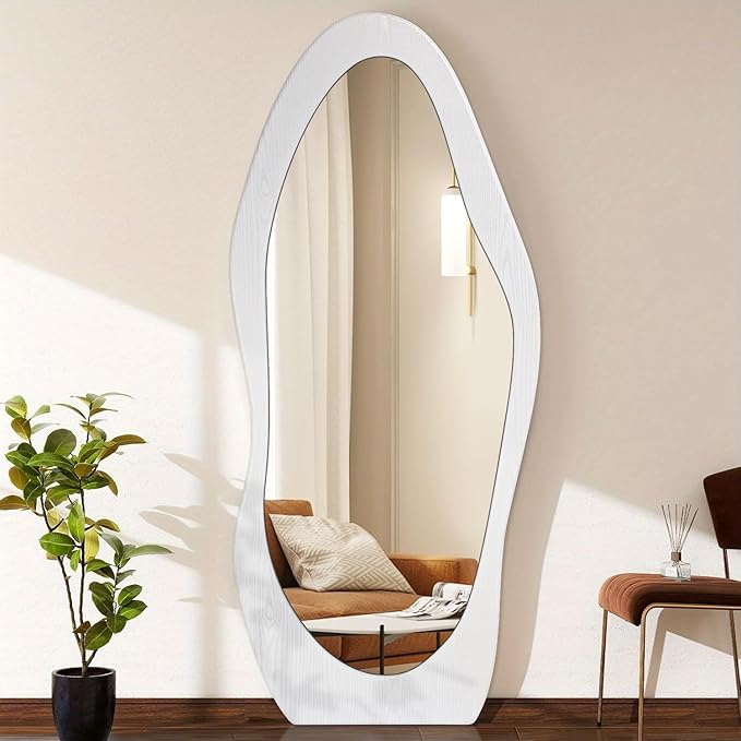 Wavy Mirror Wooden 59" x 24" Floor Mirror Full Length White Irregular Full Body Mirrors for Bedroom Cloakroom Living Room Entryway Hall