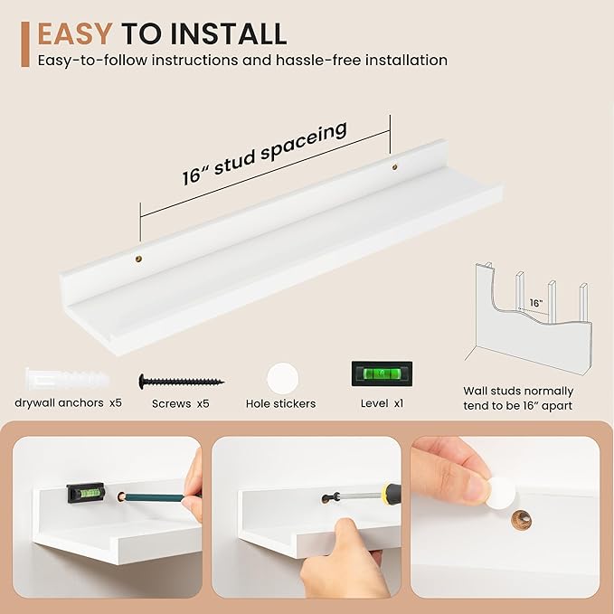 Dreamland Picture Ledge Shelf for Wall, Floating Shelves Set of 2, 24 Inch Long Floating Shelves with Lip for Living Room, Bedroom, Bathroom, Kitchen, White