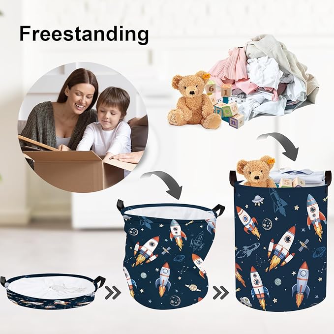 Clastyle Cosmic Space Kids Book Storage Basket Planet Clothes Laundry Basket Parents Gift Toy Box for Bedroom Shower, Rocket, 36x45 cm
