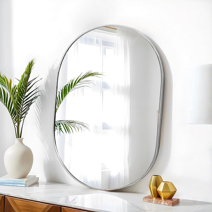 SCWF-GZ 30x20 Mirror Runway Oval Wall Mounted Aluminum Alloy Metal Frame Rectangle Mirrors for Entryway Bedroom Bathroom Living Room 30 20 inch Silver