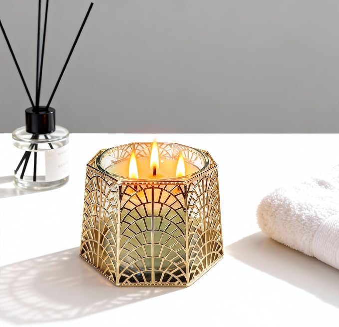 3 Wick Candle Holder, Golden Shell Design Candle Jar Holder for 4-Inch Diameter Jars (5.25" D x 3.5" H) (Golden)