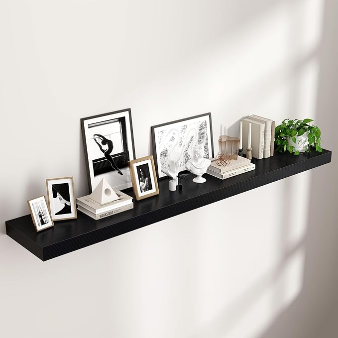 Venusmiles Floating Shelf for Wall 71 inch Long, Engineered Wood Large Wall Shelves with Invisible Brackets for Living Room Bedroom Bathroom Office Kitchen Decor and Storage, Black Finish, Set of 1