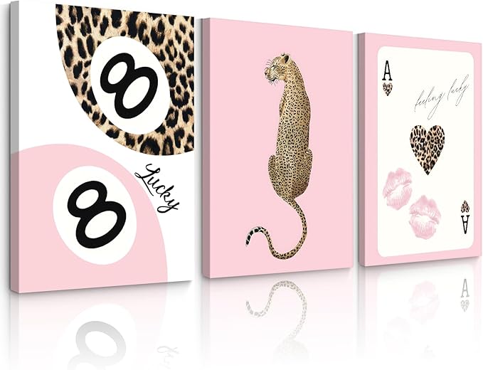 Cheetah Trendy Wall Art Preppy Leopard Canvas Print Cheetah Room Wall Decor 8 Ball Poster Y2k Pink Coquette Luxury Print Lucky Aesthetic Fashion Pictures for Bedroom 12x16x3 Inch Wrapped Canvas