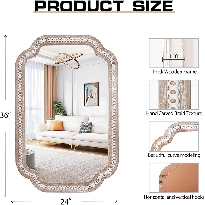 36x24 Inch Wooden Wall Mirror Decorative with Aesthetic Scalloped Edge Design, Rustic Farmhouse Mirrors for Bathroom Over Sink, Living Room, Bedroom, Entryway (Vertical/Horizontal)