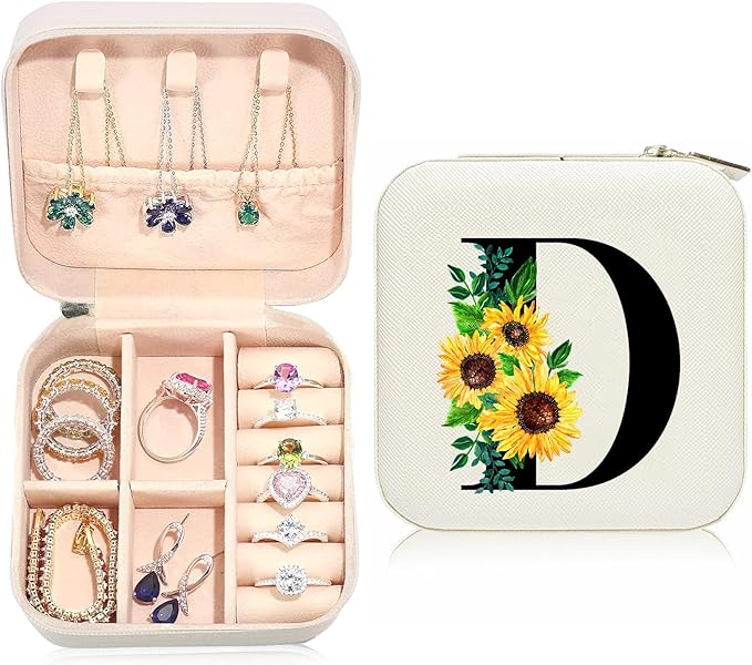 Sunflower Jewelry Case,Sunflower Gifts for Women,Initial D Travel Jewelry Box,Valentine's Day Gift Easter Personalized Gifts for Teen,Mom,Wife,Bridesmaids,21st Birthday Gift for Her
