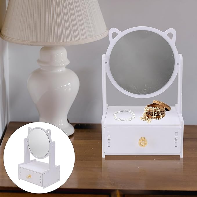 Desktop Cosmetic Mirror with Storage Drawer, Large Round Rotating Makeup Mirror for, Portable Vanity Organizer Box for Home and Bedroom Use