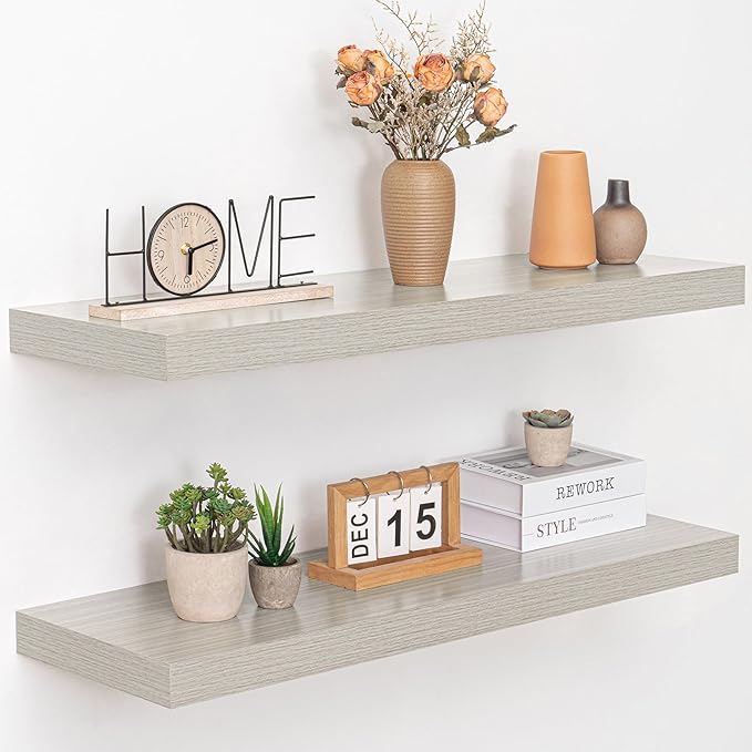 Acovy 36 Inch Floating Shelves, 12" Deep Floating Shelf Wall Mounted, 36" Wall Shelves, Rustic Deep Bookshelf, Extra Deeper & Thicker Display Shelves for Bedroom, Living Room, Gray, Set of 2