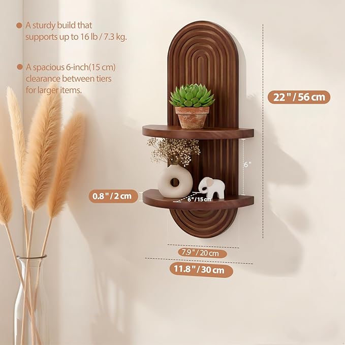 SweetSage Mordern Wall Shelf with Arched Mid Century Art Boho Decor Design Floating Shelves for Home Bedroom Living Room Farmhouse Display Wall Plant Holder Decoration, 22 x 11.8 Inch, Walnut