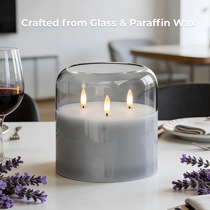 3 Wick Glass Flameless Candle with Remote and Timer, 6"x6" Extra Large Real Wax LED Pillar Candle Battery Operated with 3D Flickering Flame for Festival Wedding Home Party Decor (Gray)