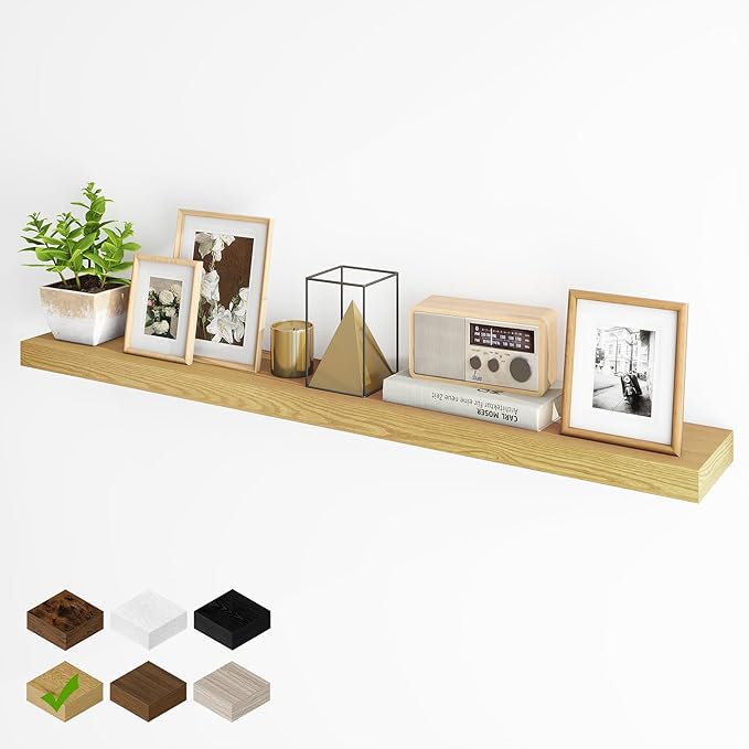 Fun Memories 55 Inch Fireplace Mantel - Long Floating Shelf, Wall Mounted Farmhouse Display with Invisible Heavy Duty Metal Bracket, Oak