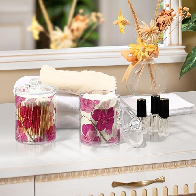 2 Pack Apothecary Jars Art Pink Peach Blossom Bathroom Vanity Storage Organizer Set,Small Clear Plastic Storage Jars Bathroom Canister for Cotton Swabs, Rounds, Balls, Qtips,Makeup Sponges, Flo