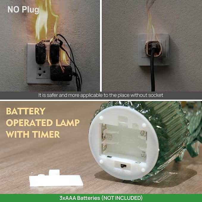 Small Battery Operated Lamp with Timer, Tiny Cordless Glass Table Lamp for Home Decor, Kitchen, Bathroom, Birthday Gift for Women, Jelly Green