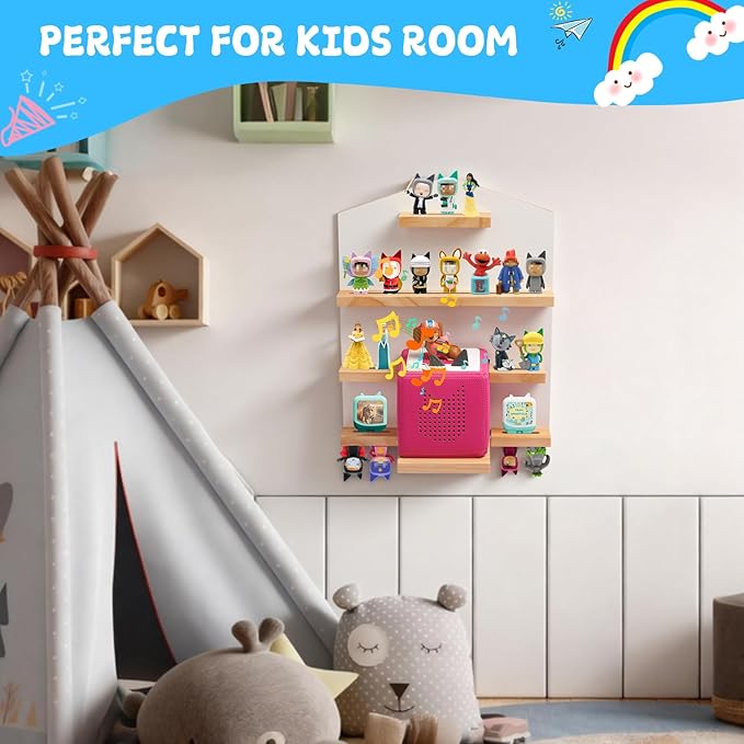 Gieanoo for TonieBox 2/1 Toniebox Shelf, Magnetic Shelf for Tonies Pine Wooden Floating Wall Shelves Organizer Compatible with Tonie Box Player and Tonie Figures Storage(White)