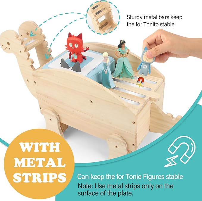 Dinosaur for Toniebox Organizer Shelf Storage – Magnetic Wooden for Tonies Shelf & Tonies Figures Display Rack, Slideable Dinosaur Car Design Compatible with Toniebox 1/2