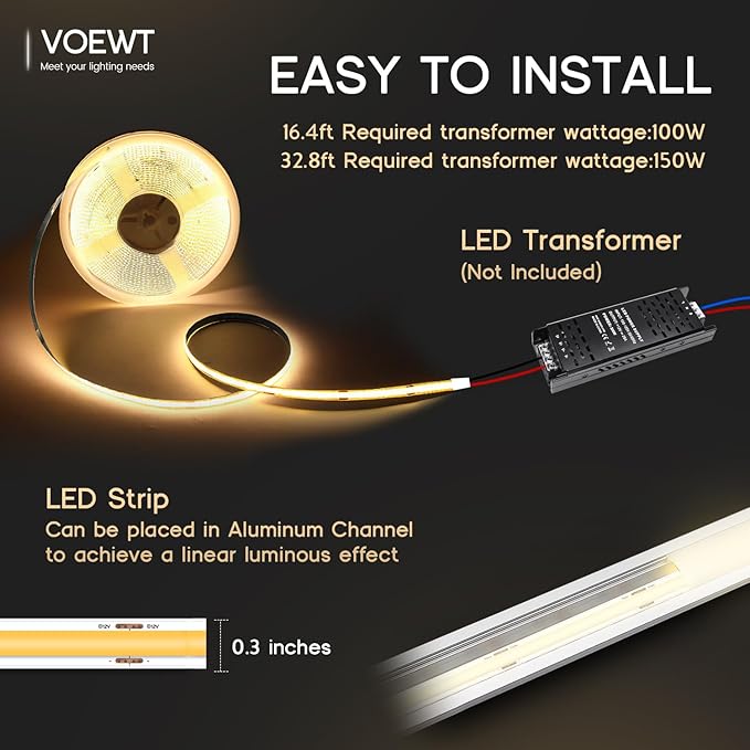 COB LED Strip Lights Daylight White 6000K,16.4ft 24V High CRI 95Ra+ Super Bright,Flexible Tape Lights for Bedroom,Mirror,Kitchen Cabinet, Living Room(Power Supply Not Included)