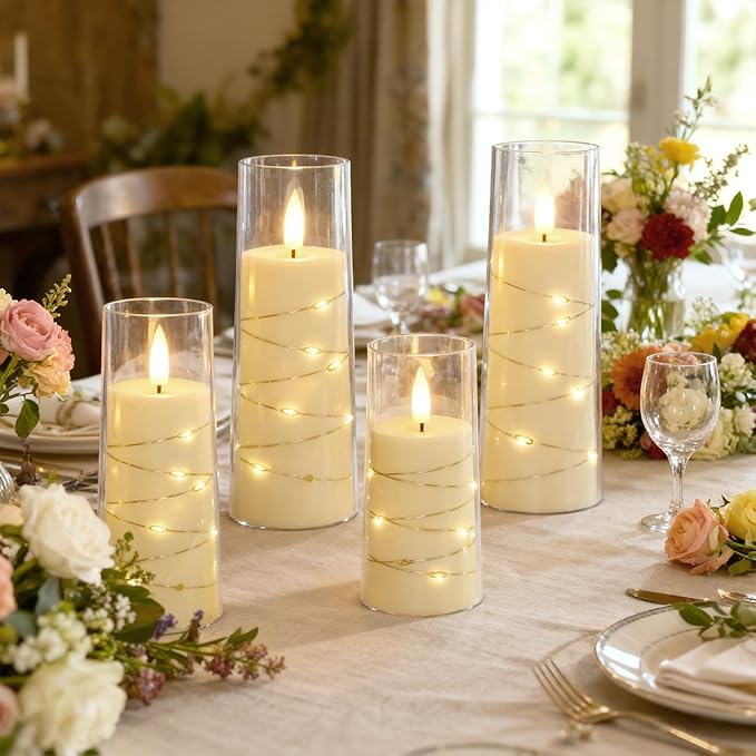 Raycare Flameless Candle with Remote Timer, 7 Flickering Acrylic Battery Operated LED Pillar Candles with Embedded Star String for Valentine's Day, Home Decor, and as a Gift(Ivory)
