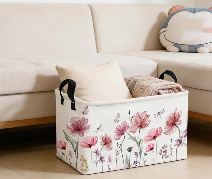 Essme Rectangular Flower Basket,Girls Baskets Empty with Handles,Cute Baskets for Kids Room Decor,Boys and Girls, Gift Basket,(Flowers)