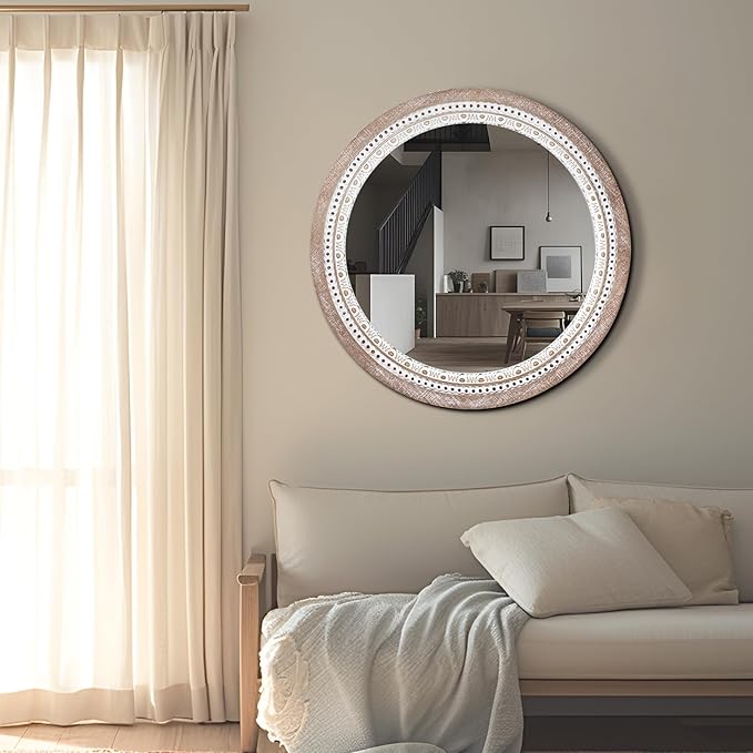 Reflinto 24 Inch Boho Wooden Round Mirror for Wall Decor, Rustic Farmhouse Circle Mirrors Decorative for Bathroom Over Sink, Living Room, Entryway, Hallway
