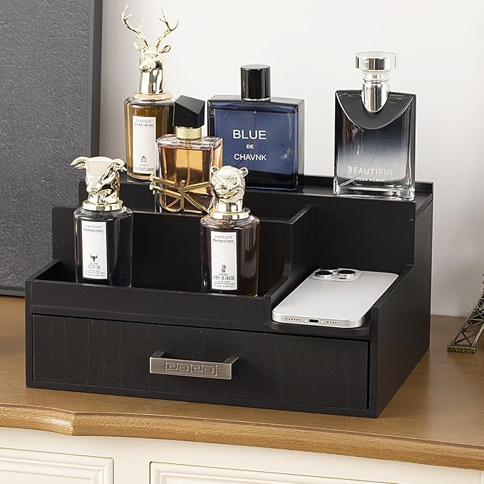 Cologne Organizer for Men, 3 Tier Perfume Display Stand with Drawer and Hidden Compartments, Stylish Wooden Mens Cologne Holder for Dresser Storage, Great Gift for Men/Fathers, Black