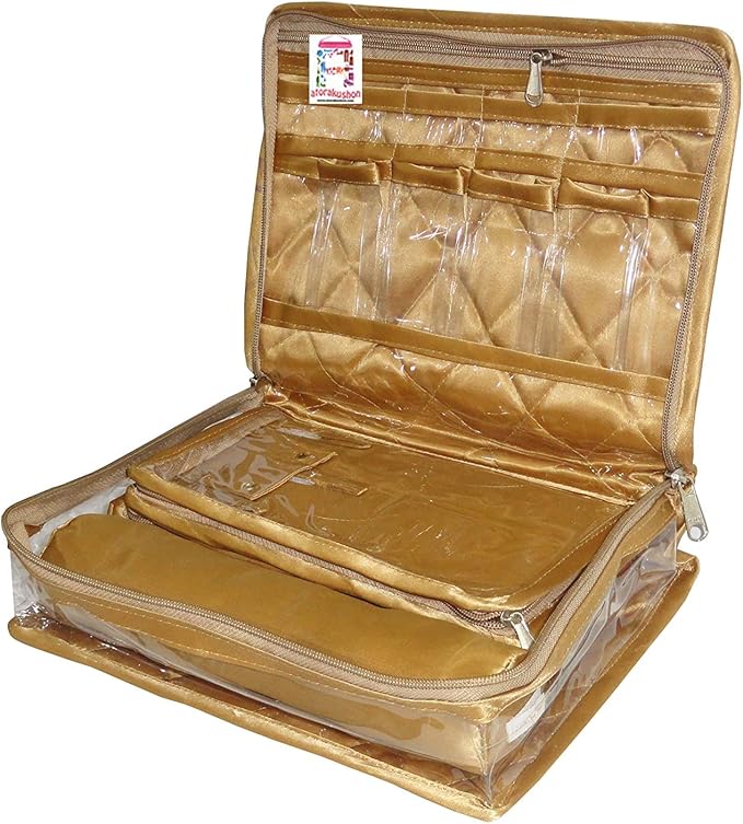 atorakushon Jewelry Travel Organizer Case Transparent Storage Zipper Locker Box Pouch for Necklaces Earrings Rings Bracelets Golden