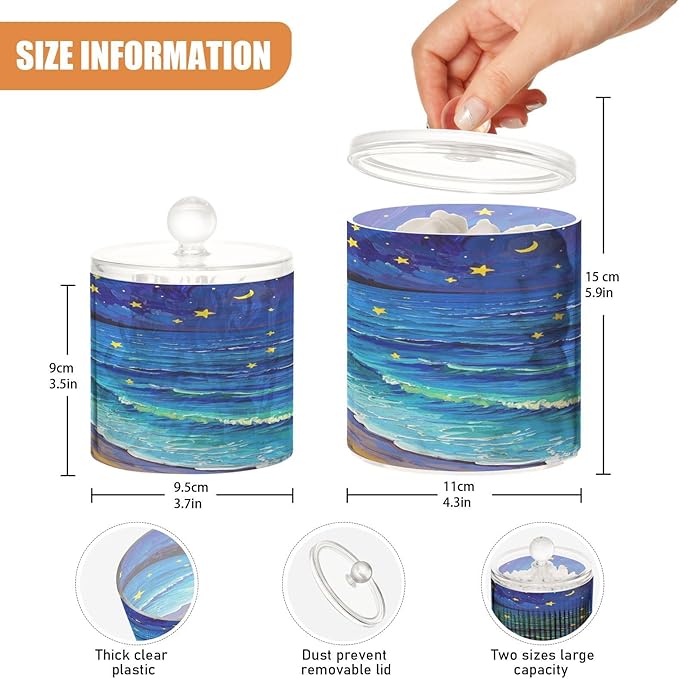 Art Starry Beach Clear Plastic Makeup Organizer Storage with lid Pantry Essentials Decorative storage bin for Cotton Swabs,Cotton Pads,Floss Picks,Paper Clips,Hair Clips 2 Pack