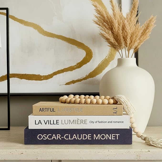 Aesthetic Decorative Books for Home Decor w. Wood Bead - Set of 3 Linen Fake Books for Decoration, Coffee Table Book Box Decor for Mantle/Bookshelf/Farmhouse/Entryway/Nightstand