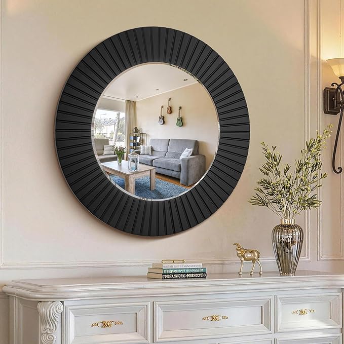 Chende 36'' Black Circle Mirror for Bathroom, Large Round Mirror with Wood Frame, Elegant Accent Rustic Black Mirrors for Living Room, Dining Room, Bedroom, Entryway