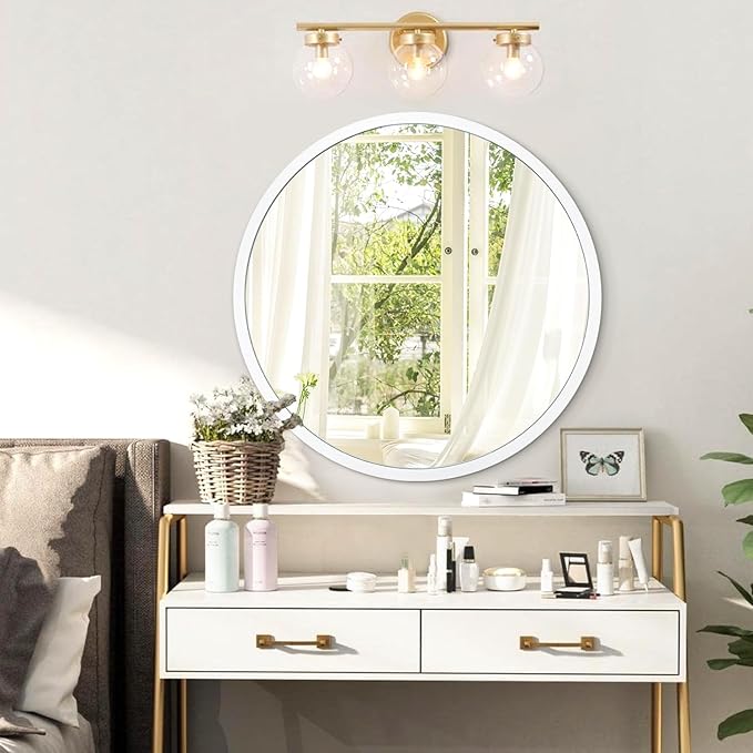 JJUUYOU Round Mirror White Circle Mirror 20 Inch Bathroom Mirror with Metal Frame, Mirrors for Bedroom, Wall, Living Room, Vanity, for Modern Minimalist Home Decor