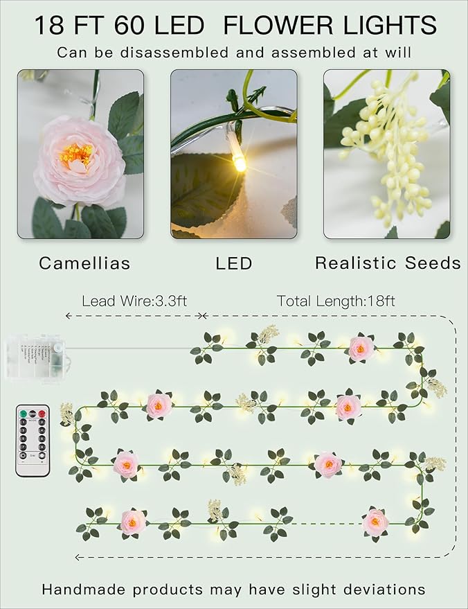 suddus Flower Garland with Pink Camellia Fairy Lights Indoor, 60 LED Vines String Lights Battery Operated with Remote, Artificial Fake Flowers Leaf Lights for Wedding,Bedroom,Centerpieces,Arch Decor