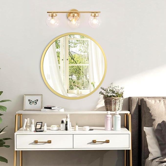 JJUUYOU Round Wall Mirror Decorative Circular Mirror for Bathroom Small Aqua Gold Decor Circle for Wall Metal Framed Make up Farmhouse Living Room Bedroom Dorm 16Inch