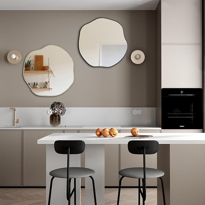 POZINO Irregular Round Mirror, 25" Asymmetrical Circle Mirrors, Scalloped Mirror Over Sink, Modern Frameless Abstract Mirrors for Living Room Bedroom Bathroom Entryway Hallway Fireplace