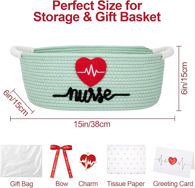 Colingmill 2026 Graduations & Nurses Week Gift Basket Empty to Fill, Woven Rope Basket 15" x 11" x 6" Decorative Storage Baskets with Gift Bag, Bow, Tissue Paper & Year Charm(Mint Green)