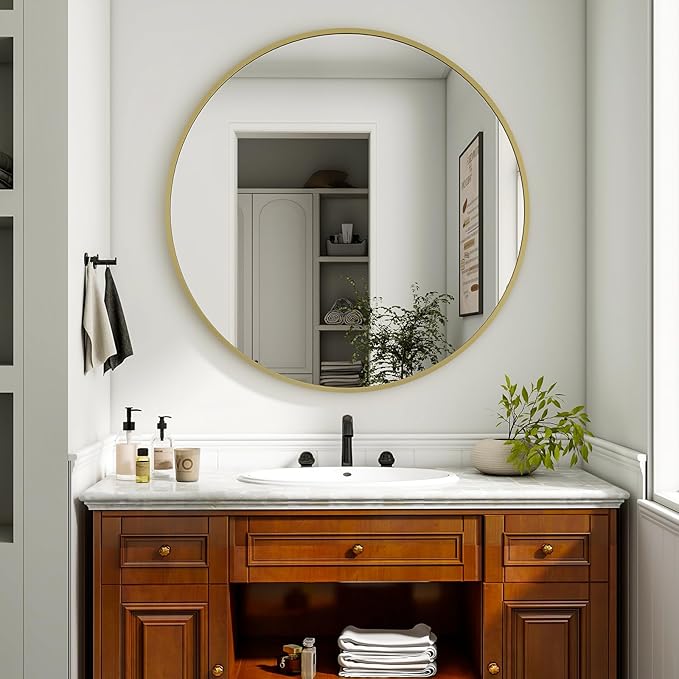 XRAMFY 36 Inch Round Mirror - Circle Mirrors for Bathroom, Entryway and Living Room Wall Decor, Modern Hanging Vanity Mirror, Matte Gold Circle Decorative Wall Mirror