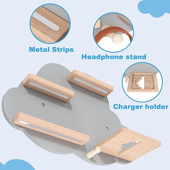 Grey Cloud Tonies Shelf Wall Mounted, Magnetic Floating Shelves with Hook for Toniebox, Tonies Characters & Earphones, Wooden Tonie Storage Shelf for Children Room