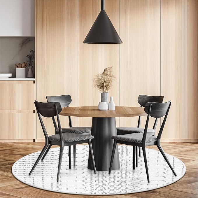 Lahome Moroccan Circle Rug 6Ft Washable Large Round Area Rugs for Living Room Non-Slip Low-Pile Dining Room Rugs for Under Table, Modern Geometric Print White Circular Rug for Bedroom Nursery Hana
