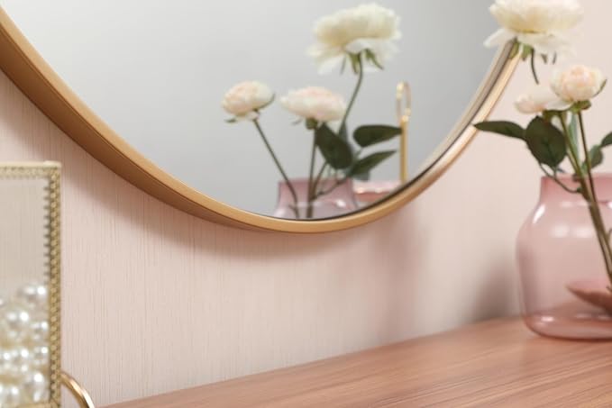 Brilliance, Metal Frame Round Mirror with Decorative Hook 45 Inch in, Midcentury Modern, Brass