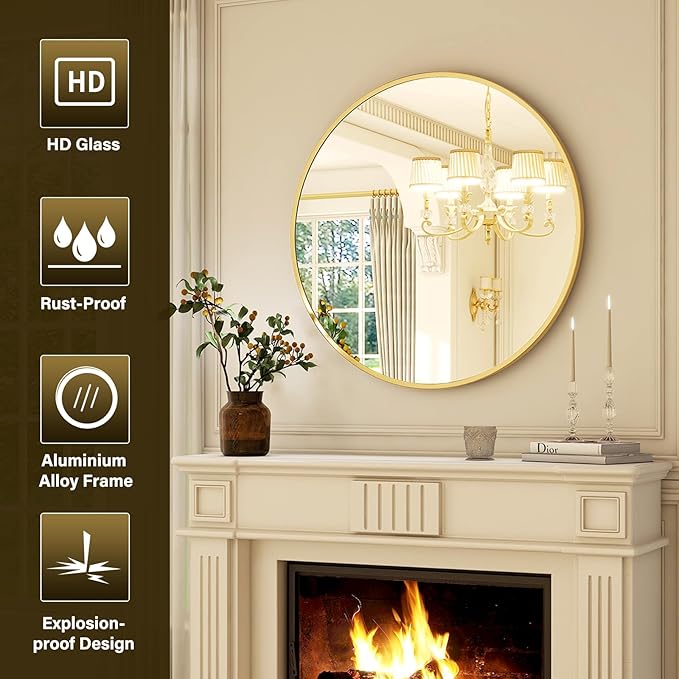 XRAMFY 24 Inch Round Mirror - Circle Mirrors for Bathroom, Entryway and Living Room Wall Decor, Modern Hanging Vanity Mirror, Matte Gold Circle Decorative Wall Mirror